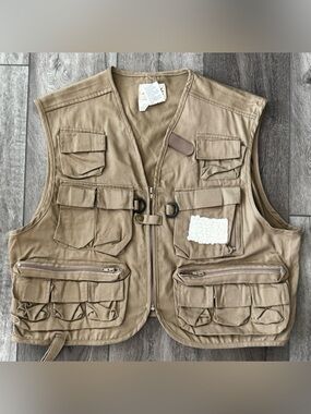 Vintage Ausable 22 Pocket Fly Fishing Vest Khaki Adult LARGE Zip Front Cotton